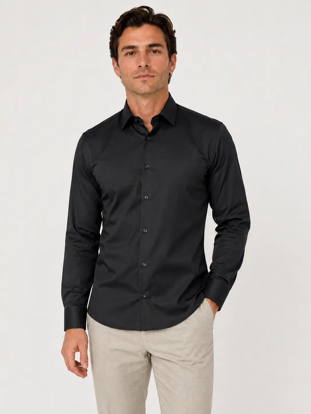 Crna jednobojna muška košulja slim fit sa likrom model 251